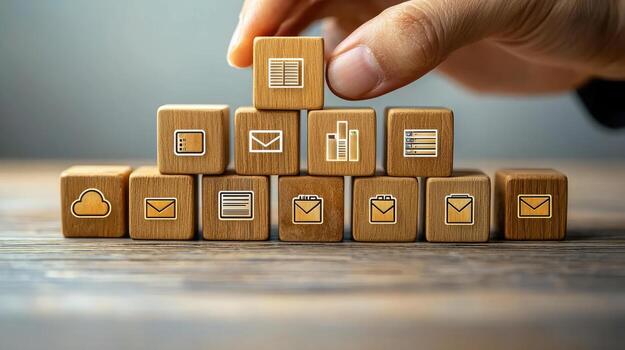 Building Digital Communication Stacking Wooden Blocks with Cloud, Mail Icons for Business Strategy and Teamwork Concept photo