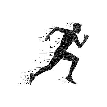 Black geometric polygon runner in motion with fragmented effect running athlete vector