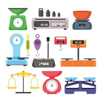 Set of electronic weight scales set collection, mechanical store measuring, kitchen shop measuring instrument isometric illustration set weight scales symbols measure scale electronic store. vector