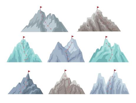 Set of Mountain Peak Climbing Route, Mountain progression path. Climbing progress route, mountain peak overcoming, mountain climbing path with red flag on top illustration, infographic. vector