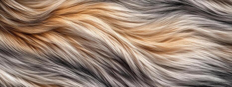 Soft strands of animal fur create beautiful pattern with natural colors. flowing texture showcases shades of brown, cream, and black, evoking sense of warmth and comfort photo