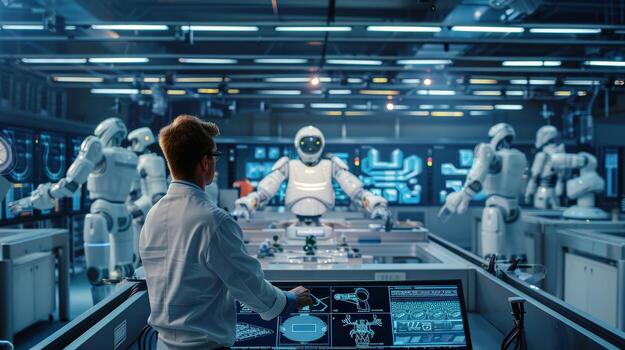 A man is standing in front of a computer monitor with a robot on it. The robot is in the middle of the screen and is surrounded by other robots. The scene appears to be futuristic and advanced photo