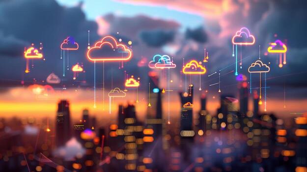 A city skyline with many clouds and neon lights photo
