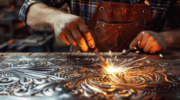 A man is working on a piece of metal with a torch. Concept of craftsmanship and dedication to the task at hand photo