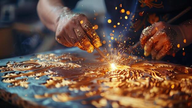 A man is working on piece of metal with a torch. Concept of craftsmanship and dedication to the task at hand. The man's hands are covered in grease photo