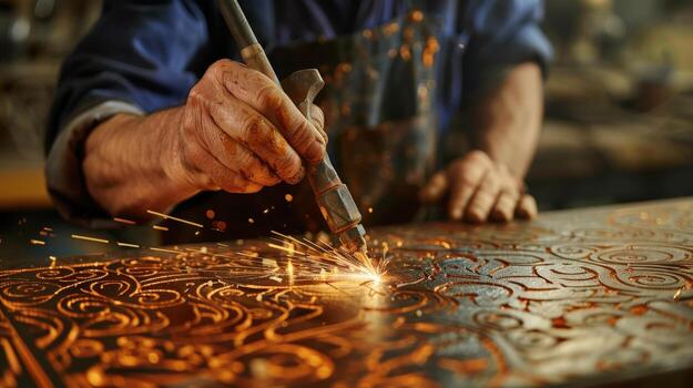 A man is working on a piece metal with a torch. Concept of craftsmanship and dedication to the task at hand. The man's hands are covered in grease photo