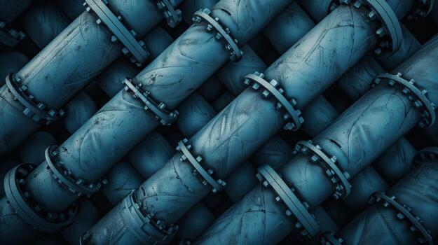 A blue image of pipes with a lot of detail. The pipes are old and rusted, and the image has a vintage feel to it photo