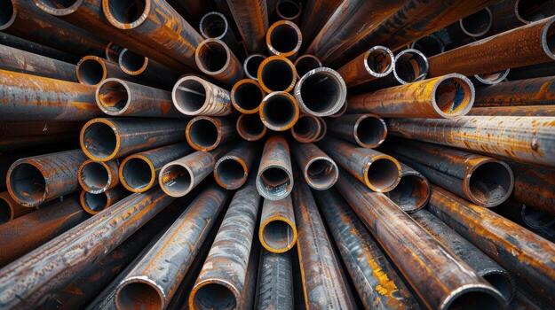 A pile of rusty pipes with some of them being bent. Concept of decay photo