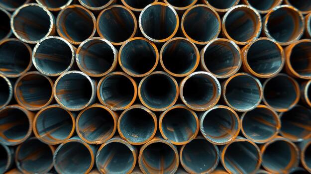 A pile of rusty pipe with some of them being bent. Concept of decay and abandonment photo