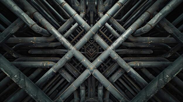 A close up of a bunch of pipes with a dark and industrial feel. The pipes are twisted and bent in a way that makes them look like they are part of a larger structure photo