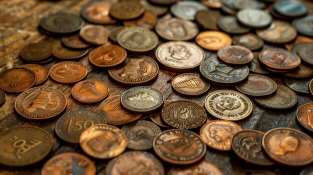 pile of coins on a wooden table photo