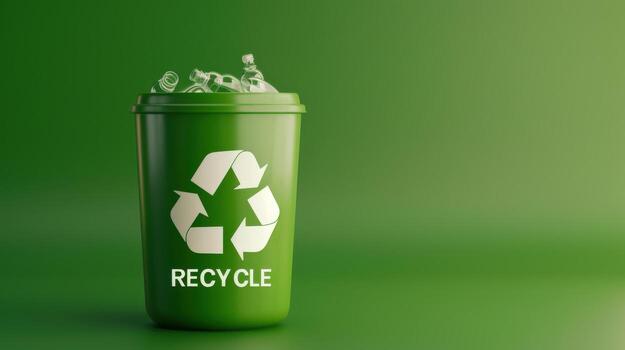 un verde basura lata con un blanco reciclaje símbolo en él. el imagen transporta el importancia de reciclaje y tomando cuidado de el ambiente foto