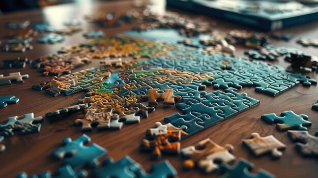 A jigsaw puzzle of a map is on table. The pieces are scattered all over the table photo