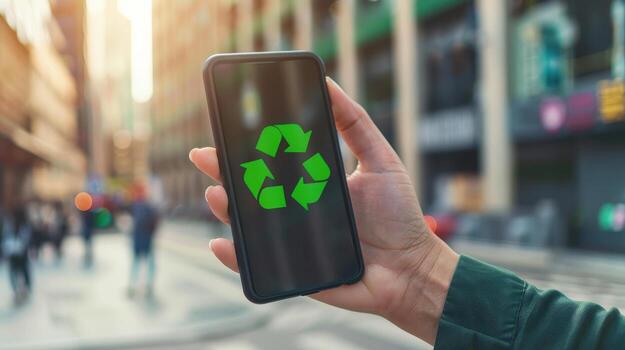un persona es participación un célula teléfono con un verde reciclar símbolo en él. concepto de ambiental responsabilidad foto