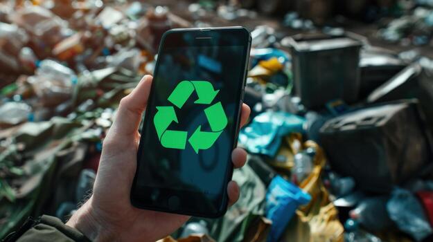 un persona es participación un célula teléfono con un verde reciclar símbolo en él. concepto de ambiental foto