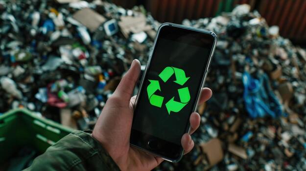 un persona participación un célula teléfono con un verde reciclar símbolo en él. concepto de ambiental responsabilidad y el importancia de reciclaje foto