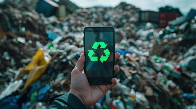 un persona es participación un célula teléfono con verde reciclar símbolo en él. concepto de ambiental responsabilidad foto