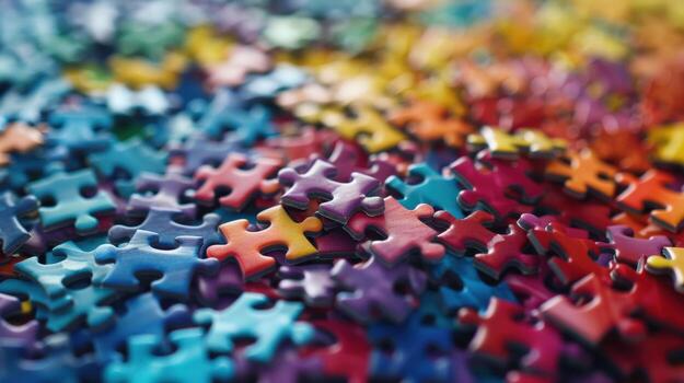 A colorful jigsaw puzzle with pieces of different colors. The puzzle is made of leather and has a unique photo