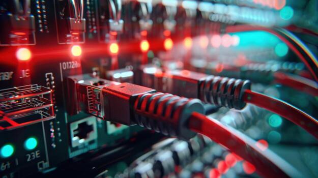 A computer network cables and lights. Concept of technology and power photo