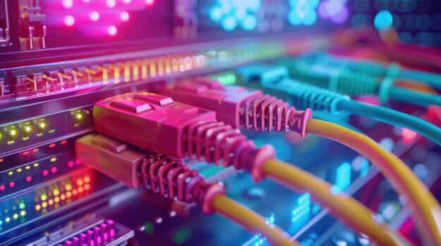 A colorful array of cables and wires connected to a computer. The cables are of different colors and lengths, and they are all connected to the computer. Concept of complexity and organization photo