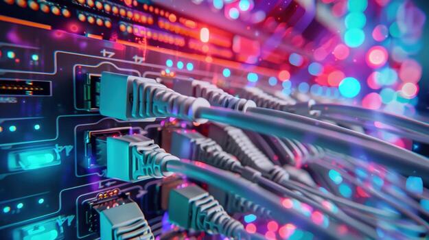 colorful array of cables and wires are connected to a computer. The cables are of different colors and lengths, and they are all connected to the computer. Concept of complexity and organization photo