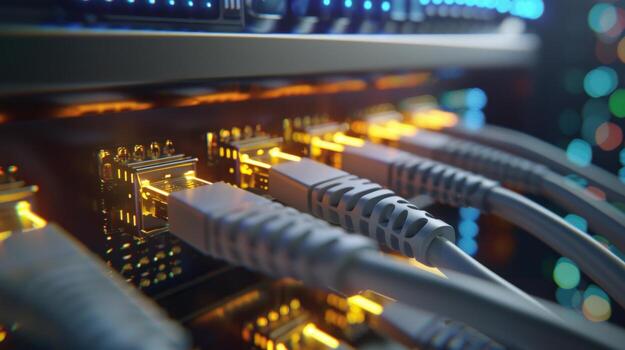 A computer network with cable and lights. Concept of technology and power photo