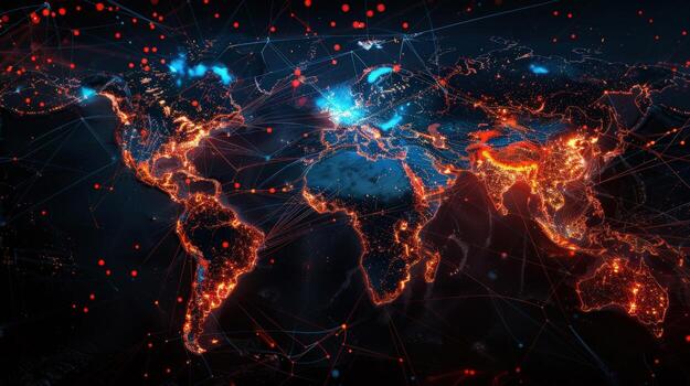 A close up of a globe with a network of lines connecting it. The globe is lit up with a warm orange glow, giving the impression photo