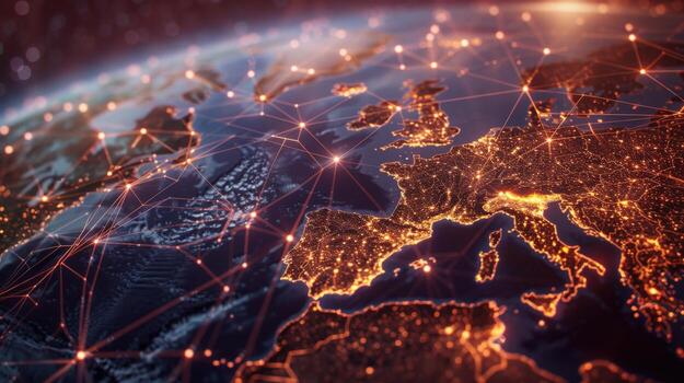 A close up of globe with a network of lines connecting it. The globe is lit up with a warm orange glow, giving the impression of a network of connections photo