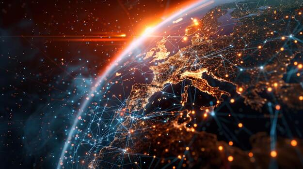 close up of a globe with a network of lines connecting it. The globe is lit up with a warm orange glow, giving the impression of a network of connections photo