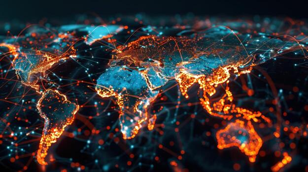 A close up of a globe with network of lines connecting it. The globe is lit up with a warm orange glow, giving the impression of a network of connections photo