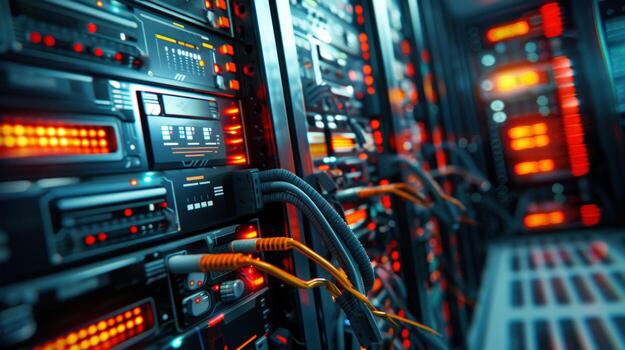 A computer server room with many cables and wires. The room is brightly lit and the cables are orange photo