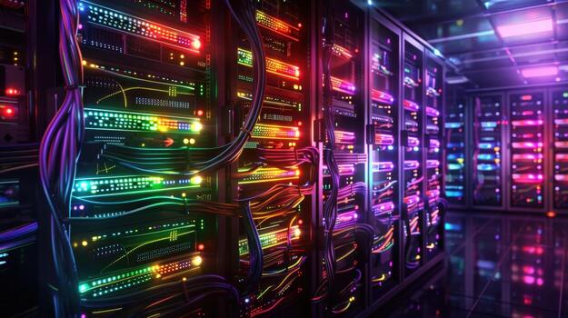 A computer server room with many cables and wires. photo