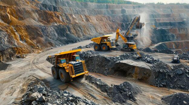 A large open pit mine with a lot of truck and machinery. Scene is industrial and rugged photo