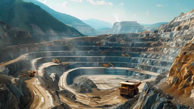 large open pit mine, a lot of trucks and machinery. Scene is industrial and rugged photo