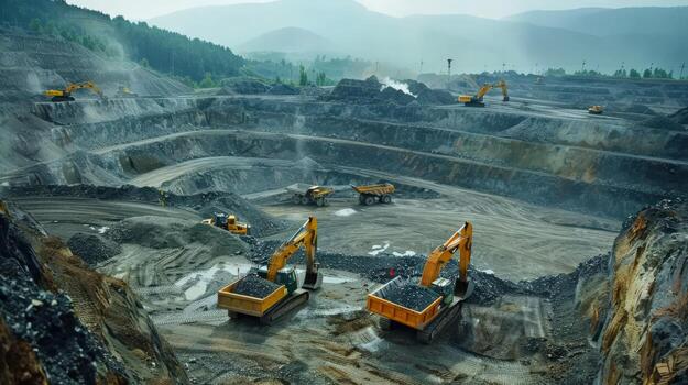 large open pit mine with a lot of trucks and machinery. Scene is industrial and rugged photo