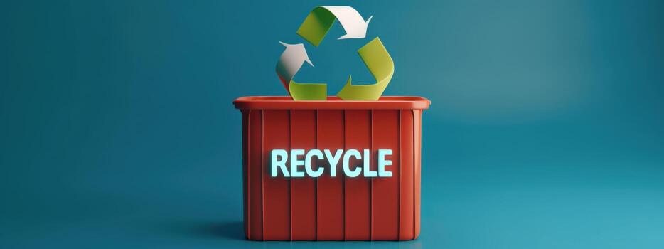 un rojo envase con un verde flecha en parte superior y el palabra reciclar escrito en él. concepto de reciclaje y el importancia de tomando cuidado de el ambiente foto