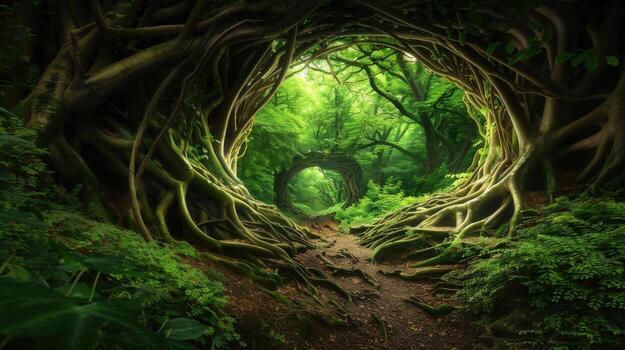 A forest path with trees and plant photo