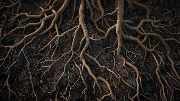 close up of tree roots that are black and brown. The roots are twisted and gnarled, giving the impression of a tangled mess. Scene is one of mystery and intrigue photo