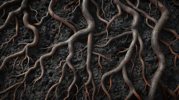 A close up of tree roots that are black and brown. The roots are twisted and gnarled, giving the impression of a tangled mess. Scene is one of mystery intrigue photo