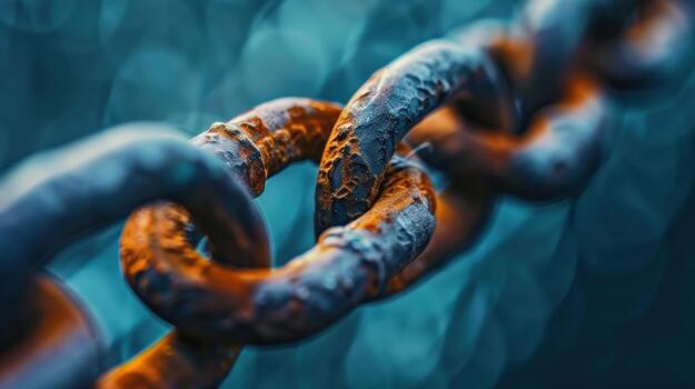 A chain link is shown in a blurry image. The chain is twisted and bent, and the links are rusty. The image has a moody and somewhat ominous feel, as if it is a symbol of something broken or damaged photo