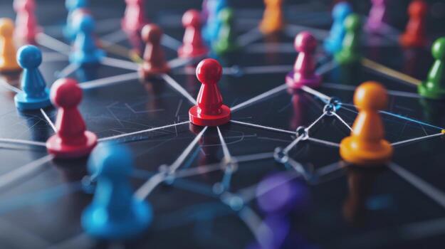 A colorful group of people are connected by a string. A red head is in the middle of the group photo
