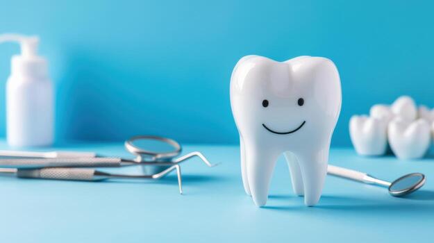 A tooth is smiling on a blue background with dental tools. Scene is lighthearted and playful photo