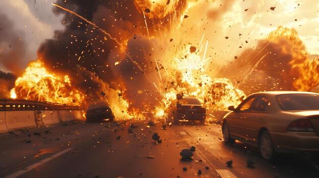 un coche choque escena con un lote de escombros y un lote de fuego. escena es intenso y caótico foto