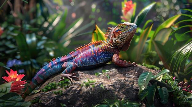 A colorful lizard is laying on a rock in a lush green jungle. The lizard is multicolored and has a vibrant appearance. photo