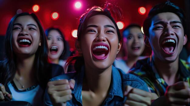 A group of people are laughing and smiling at a movie. photo