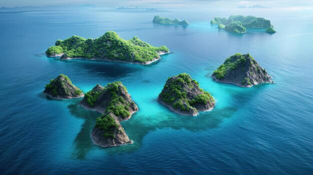 beautiful island with a blue ocean in the background. The island is surrounded by water and has a lush green forest photo