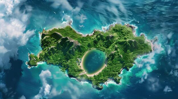 A beautiful island with a lot of trees, The island is surrounded by water and has a lot of islands in the distance photo