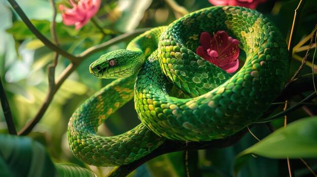 un verde serpiente es rizado arriba en un rama foto