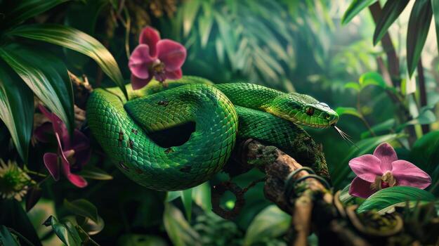 un verde serpiente es rizado arriba en rama con un rosado flor en el antecedentes. el serpiente es rodeado por lozano verde follaje, dando el imagen un pacífico y sereno atmósfera foto