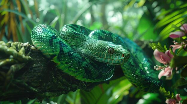 un verde serpiente rizado arriba en un rama con un rosado flor en el antecedentes. el serpiente es rodeado por lozano verde follaje, dando el imagen un pacífico y sereno atmósfera foto